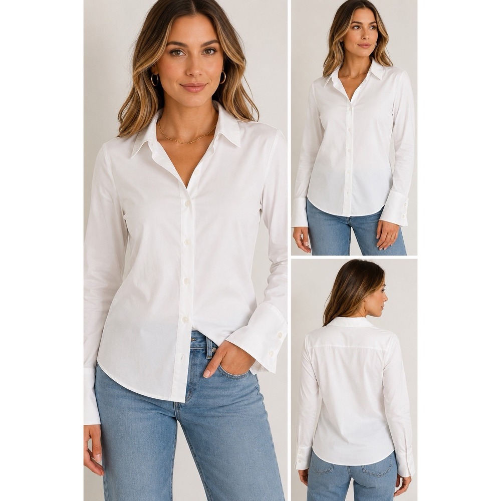 Calvin Klein Women's White Button Front Blouse Size Large Satin Cuff Career